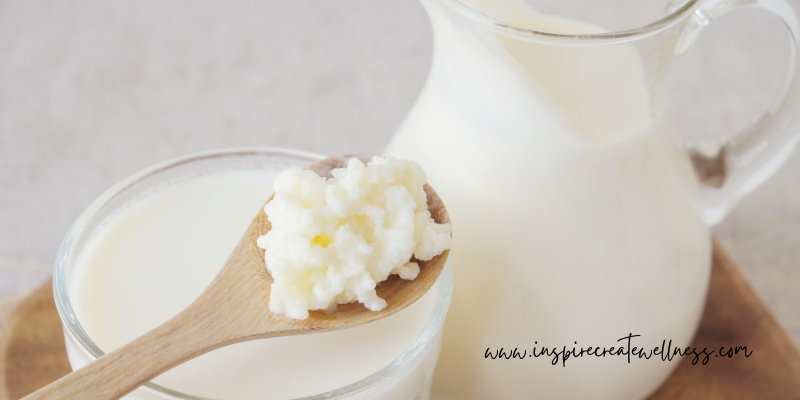 kefir grains and a pitcher of kefir