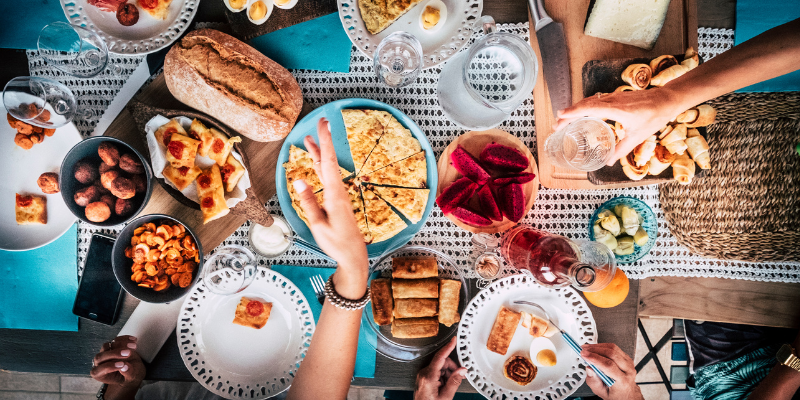 dining table with comfort foods