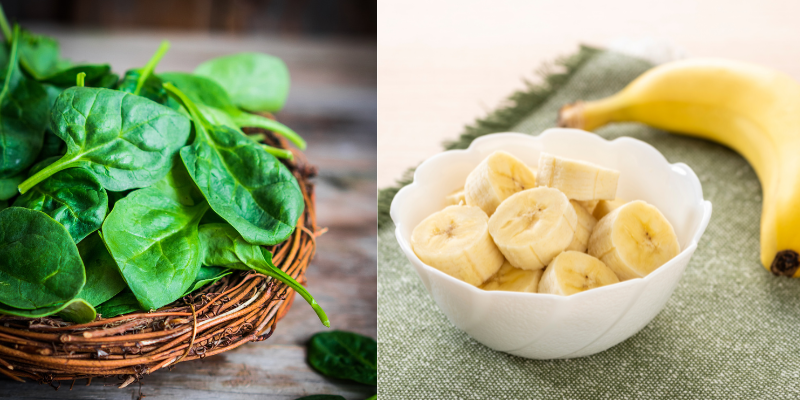 banana cut into slices and fresh spinach