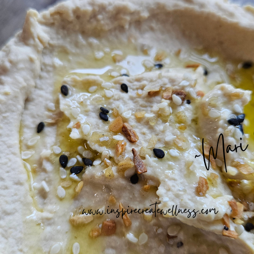 Hummus with Everything Bagel Seasoning and Olive OIl