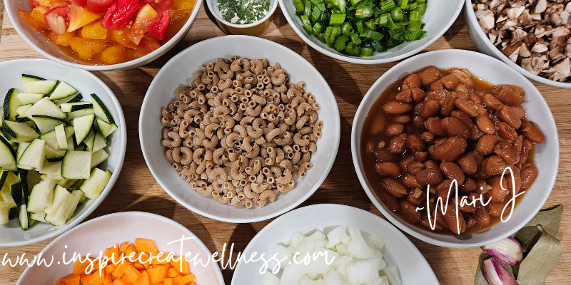 Hearty Homemade Minestrone Soup Ingredients in small white prep bowls