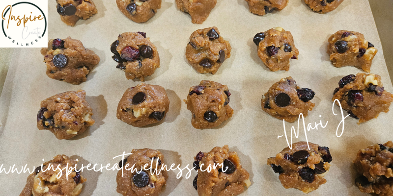 Chocolate Chip Cookie Dough bites on a cookie sheet