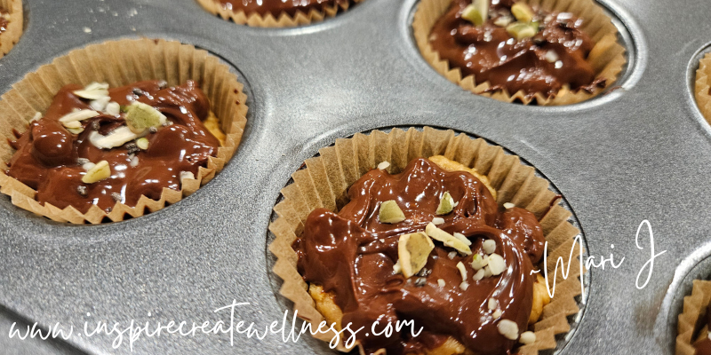 Melted Dark Chocolate with pumpkin seeds, chia, and hemp hearts on top.