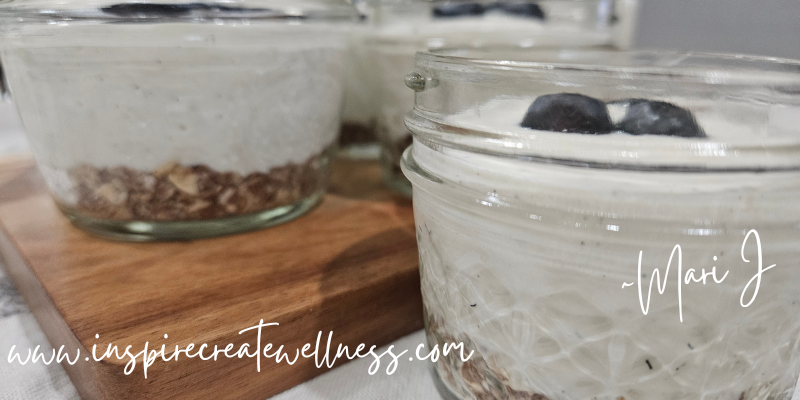 No bake healthy cheesecake jars displayed on a tray