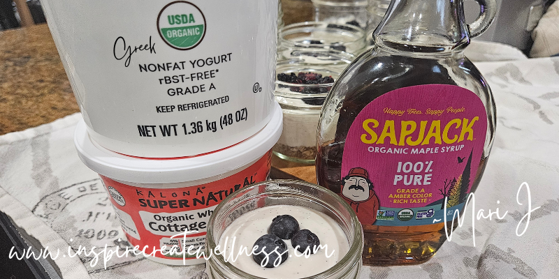 Greek yogurt, cottage cheese, maple syrup for making Healthy Cheesecake Jars at home